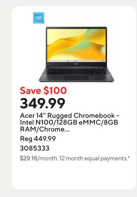Acer 14" Rugged Chromebook - Intel N100/128GB eMMC/8GB RAM/Chrome OS with 3 months of Google AI Pro