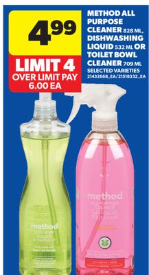 METHOD ALL PURPOSE CLEANER, 828 ML DISHWASHING LIQUID, 532 ML OR TOILET BOWL CLEANER, 709 ML