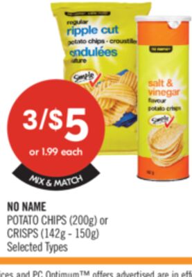NO NAME POTATO CHIPS (200g) or CRISPS (142g - 150g)