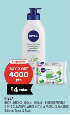 NIVEA BODY LOTIONS 1500mL - 625mL). BIODEGRADABLE 3-IN-1 CLEANSING WIPES (40's) or FACIAL CLEANSERS