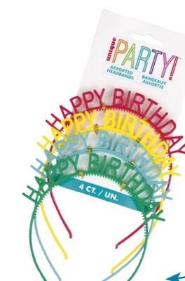 Cheerful Happy Birthday Plastic Headbands 4pk, Assorted Colours