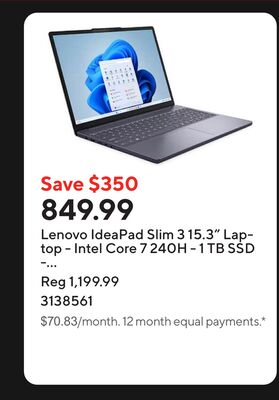 Lenovo IdeaPad Slim 3 15.3" Laptop - Intel Core 7 240H - 1 TB SSD - 16 GB RAM - Windows 11 Home - Luna Grey