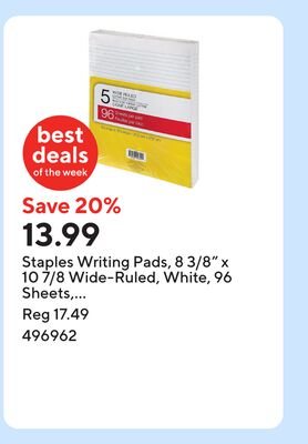 Staples Writing Pads, 8 3/8" x 10 7/8 Wide-Ruled, White, 96 Sheets, 5 pk