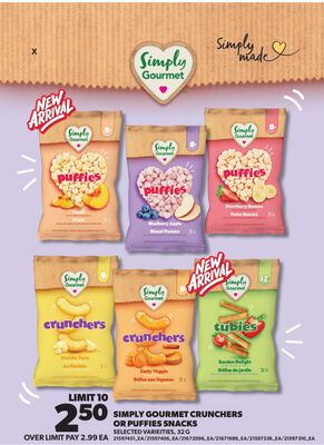 SIMPLY GOURMET CRUNCHERS OR PUFFIES SNACKS, 32 G