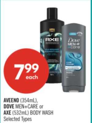 AVEENO (354mL), DOVE MEN+CARE or AXE (532mL) BODY WASH