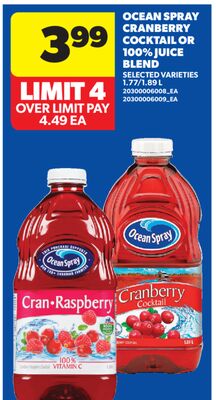 OCEAN SPRAY CRANBERRY COCKTAIL OR 100% JUICE BLEND, 1.77/1.89 L