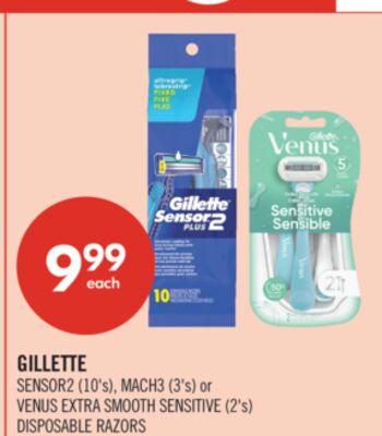 GILLETTE SENSOR2 (10's), MACH3 (3's) or VENUS EXTRA SMOOTH SENSITIVE (2's) DISPOSABLE RAZORS