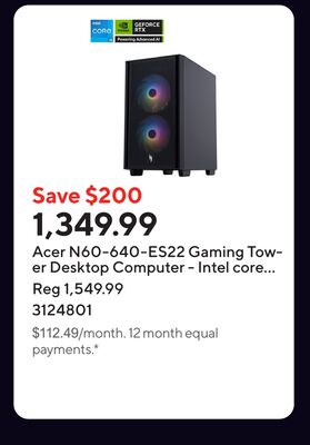 Acer N60-640-ES22 Gaming Tower Desktop Computer - Intel core i5-14400F - RTX 5060 - 500 GB SSD - 16 GB RAM - Windows 11 - Bilingual
