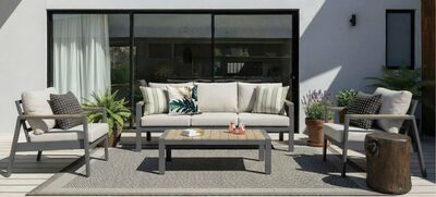 Tuscany 4-Piece Outdoor Patio Set with Loveseat, 2 Chairs & Coffee Table - Metal, UV & Weather Resistant - Beige/Black