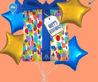 "Happy Birthday" Present Painterly Dots Supershape Balloon Bouquet with Star Foil Balloons, Blue/Gold, 5-pk, Helium Inflation & Ribbon Included