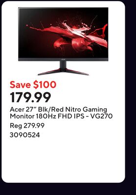 Acer 27" Blk/Red Nitro Gaming Monitor 180Hz FHD IPS - VG270