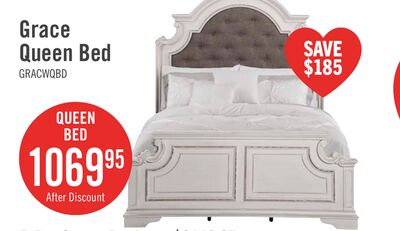 Grace Panel Bed with Headboard & Frame, Wooden, Fabric, Antique White - Queen Size