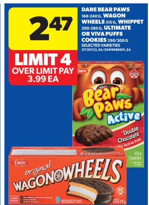 DARE BEAR PAWS 168-240 G, WAGON WHEELS 315 G, WHIPPET 200-285 G, ULTIMATE OR VIVA PUFFS COOKIES 290/300 G