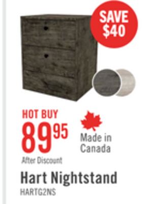 Hart Bedside 2-Drawer Nightstand, 18.4"W x 22.2"H, Made in Canada - Grey