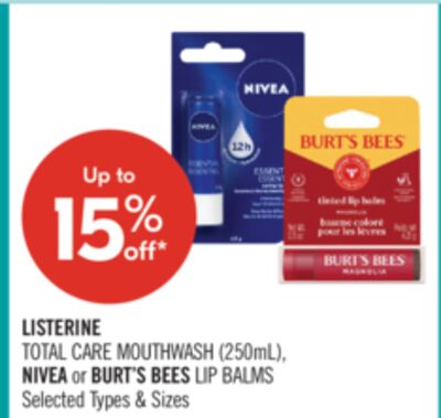 LISTERINE TOTAL CARE MOUTHWASH (250mL), NIVEA or BURT'S BEES LIP BALMS