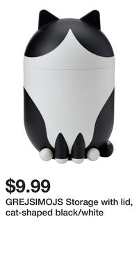 GREJSIMOJS Storage with lid, cat-shaped black/white