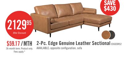 Edge 2-Piece Right-Facing Genuine Leather Sectional with Wood Legs and Removable Back Cushions - Brown