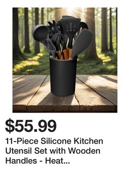 11-Piece Silicone Kitchen Utensil Set with Wooden Handles - Heat Resistant, Non-Scratch, BPA-Free - Includes Holder for Easy Storage