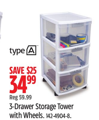 Type-A 3-Drawer Storage Tower with Wheels