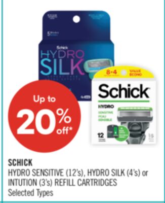 SCHICK HYDRO SENSITIVE (12's), HYDRO SILK (4's) or INTUTION (3's) REFILL CARTRIDGES