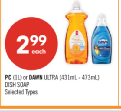 PC (1L) or DAWN ULTRA (431mL-473mL) DISH SOAP