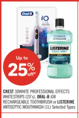 CREST 3DWHITE PROFESSIONAL EFFECTS WHITESTRIPS (20's), ORAL-B iO8 RECHARGEABLE TOOTHBRUSH or LISTERINE ANTISEPTIC MOUTHWASH (1L)