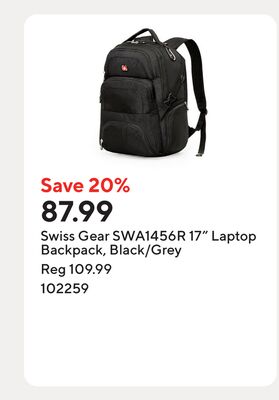 Swiss Gear SWA1456R 17" Laptop Backpack, Black/Grey