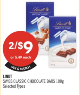 LINDT SWISS CLASSIC CHOCOLATE BARS