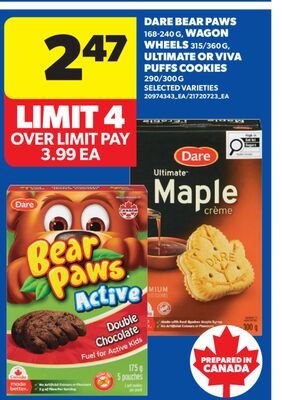 DARE BEAR PAWS, 168-240 G, WAGON WHEELS, 315/360 G, ULTIMATE OR VIVA PUFFS COOKIES, 290/300 G