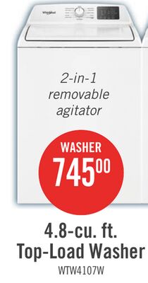 Whirlpool 4.8 Cu. Ft. Top Load Washer with 2-in-1 Removable Agitator - WTW4107SW