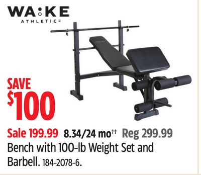 WA:KE Athletic Bench with 100-lb Weight Set and Barbell