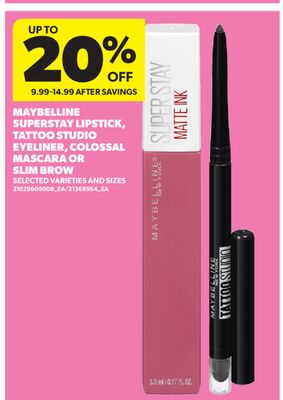 MAYBELLINE SUPERSTAY LIPSTICK, TATTOO STUDIO EYELINER, COLOSSAL MASCARA OR SLIM BROW