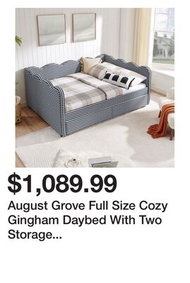 August Grove Full Size Cozy Gingham Daybed With Two Storage Drawers, With USB Port And Adorable Wave Shaped, Linen Fabric