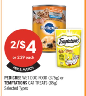 PEDIGREE Wet Dog Food (375g) or TEMPTATIONS Cat Treats (85g)
