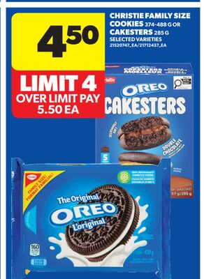 CHRISTIE FAMILY SIZE COOKIES, 374-488 G OR CAKESTERS, 285 G