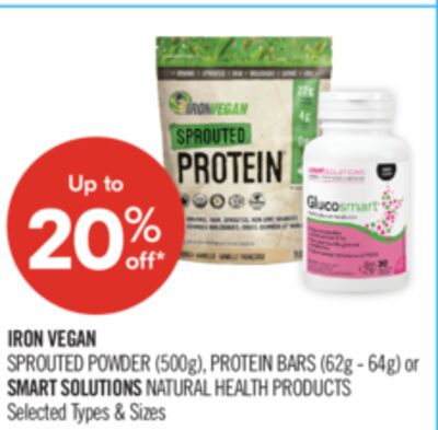 IRON VEGAN SPROUTED POWDER (500g), PROTEIN BARS (62g - 64g) or SMART SOLUTIONS NATURAL HEALTH PRODUCTS