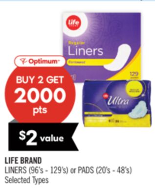 LIFE BRAND LINERS (96's - 129's) or PADS (20's - 48's)