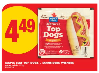 MAPLE LEAF TOP DOGS OR SCHNEIDERS WIENERS, 375 G
