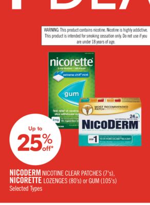 NICODERM NICOTINE CLEAR PATCHES (7's), NICORETTE LOZENGES (80's) or GUM (105's