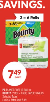PC PLANET FIRST (6 Roll) or BOUNTY (2 Roll - 3 Roll) PAPER TOWELS