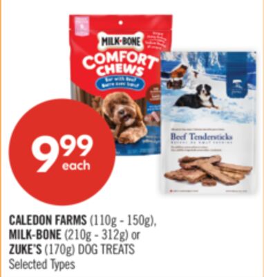 CALEDON FARMS (110g - 150g), MILK-BONE (210g - 312g) or ZUKE'S (170g) DOG TREATS