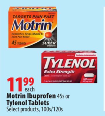 Motrin Ibuprofen 45s or Tylenol Tablets Select products, 100s/120s