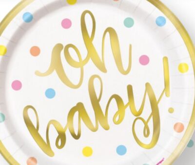 "Oh Baby" Round Paper Disposable Dessert Plates, White/Gold, Polka Dot, 7-in, 8-pk, for Baby Shower/Gender Reveal