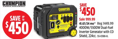 Champion 4000W/5500W Dual-Fuel Inverter Generator with CO Shield, 224cc.