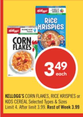 KELLOGG'S CORN FLAKES, RICE KRISPIES or KIDS CEREAL