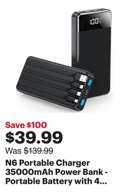 N6 Portable Charger 35000mAh Power Bank - Portable Battery with 4 Built in Cables, 22.5W Fast Charging Battery Pack