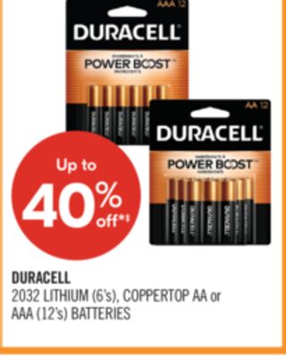 DURACELL 2032 LITHIUM (6's), COPPERTOP AA or AAA (12's) BATTERIES