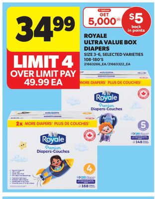 ROYALE ULTRA VALUE BOX DIAPERS, SIZE 3-6, 108-180'S