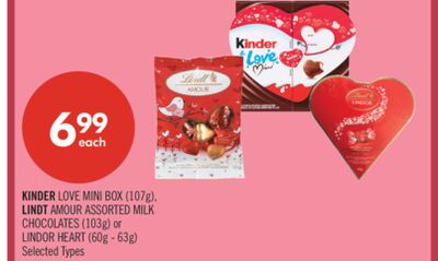 KINDER LOVE MINI BOX (107g), LINDT AMOUR ASSORTED MILK CHOCOLATES (103g) or LINDOR HEART (60g - 63g)