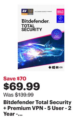 Bitdefender Total Security + Premium VPN - 5 User - 2 Year - Digital Download